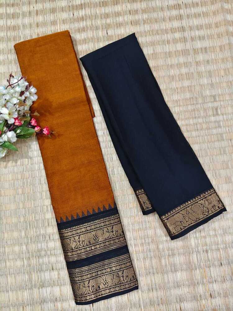 Mustard Yellow And Black Color Pure Chettinad Cotton Half Saree