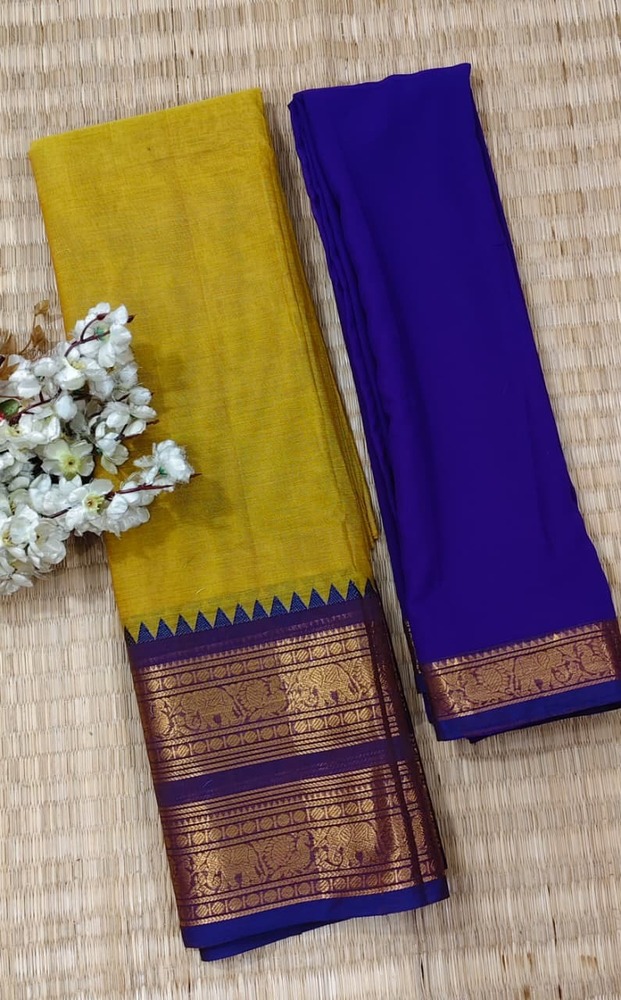 Mustard Yellow And Blue Color Pure Chettinad Cotton Half Saree