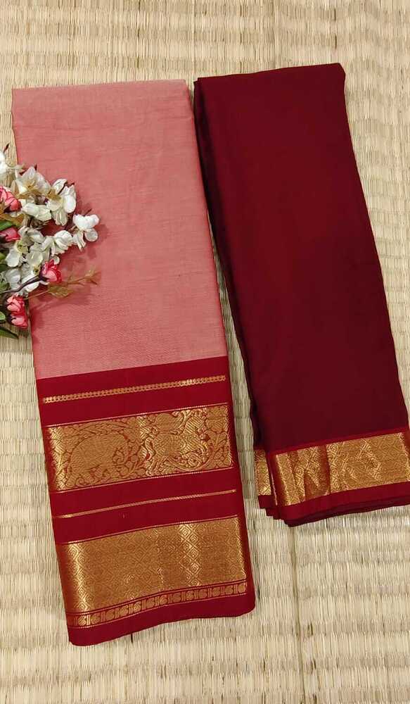 Peach And Mehroon Color Pure Chettinad Cotton Half Saree Peach And Mehroon Color Pure Chettinad Cotton Half Saree