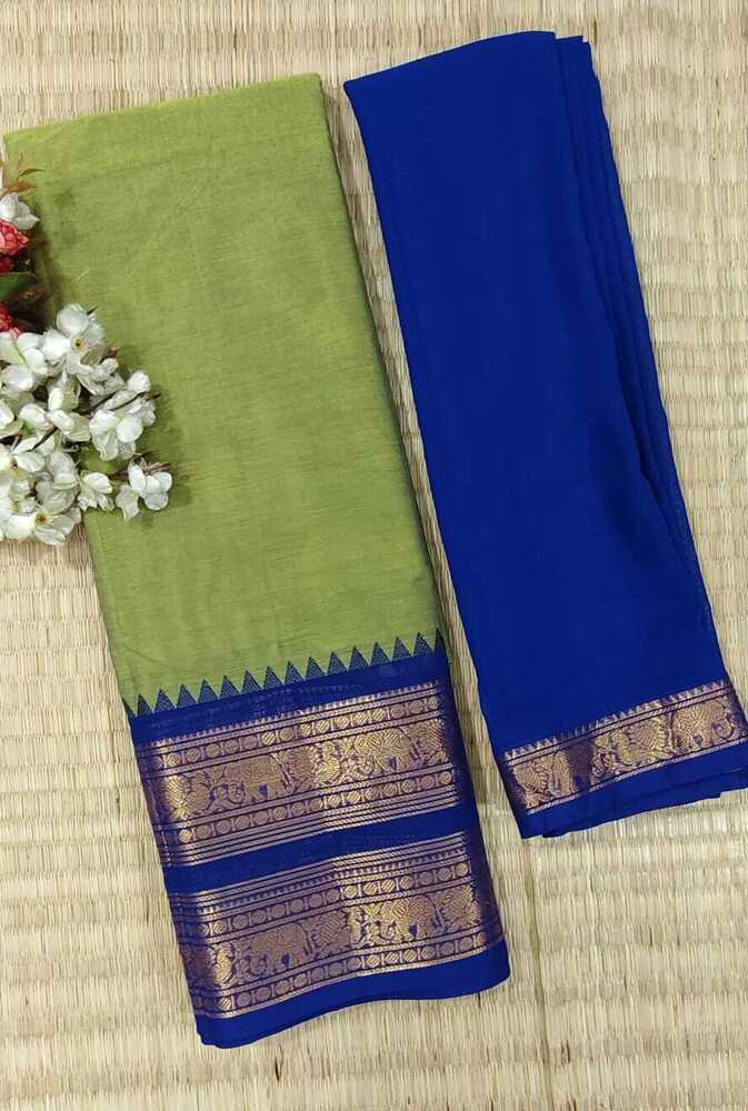 Light Green And Blue Color Pure Chettinad Cotton Half Saree