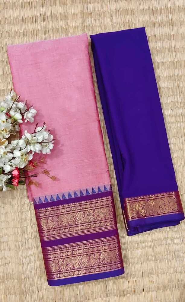 Baby Pink And Blue Color Pure Chettinad Cotton Half Saree