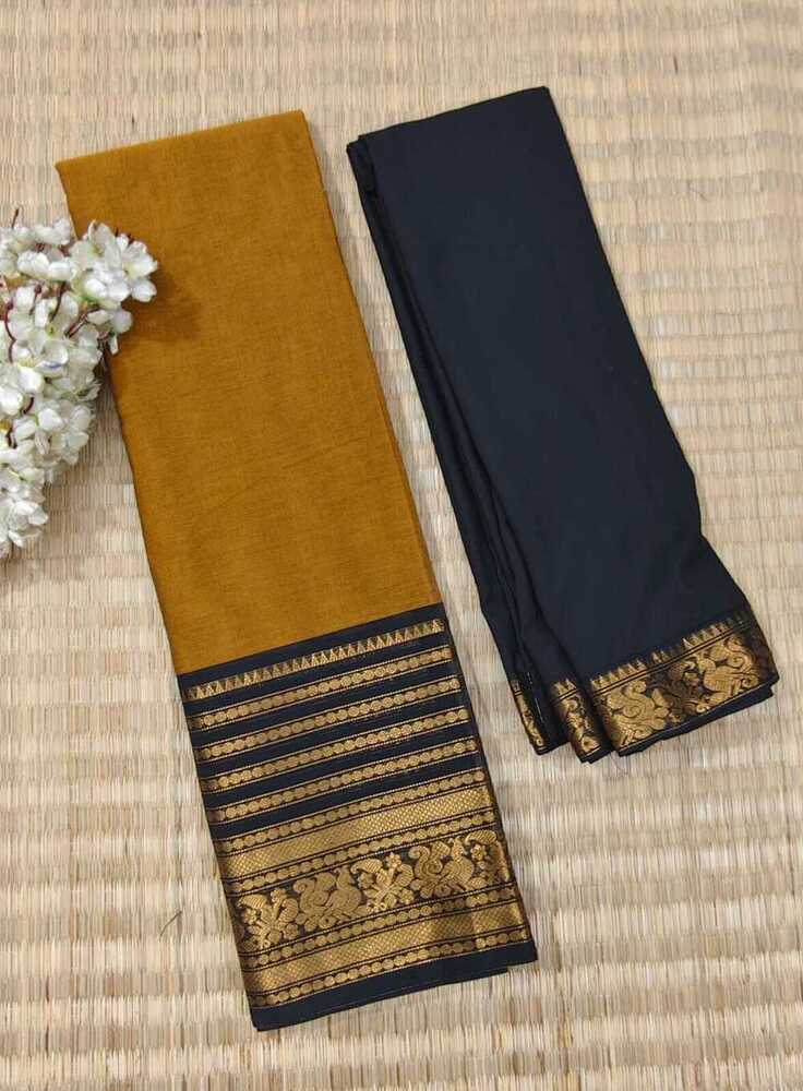 Mustard Yellow And Grey Color Pure Chettinad Cotton Half Saree
