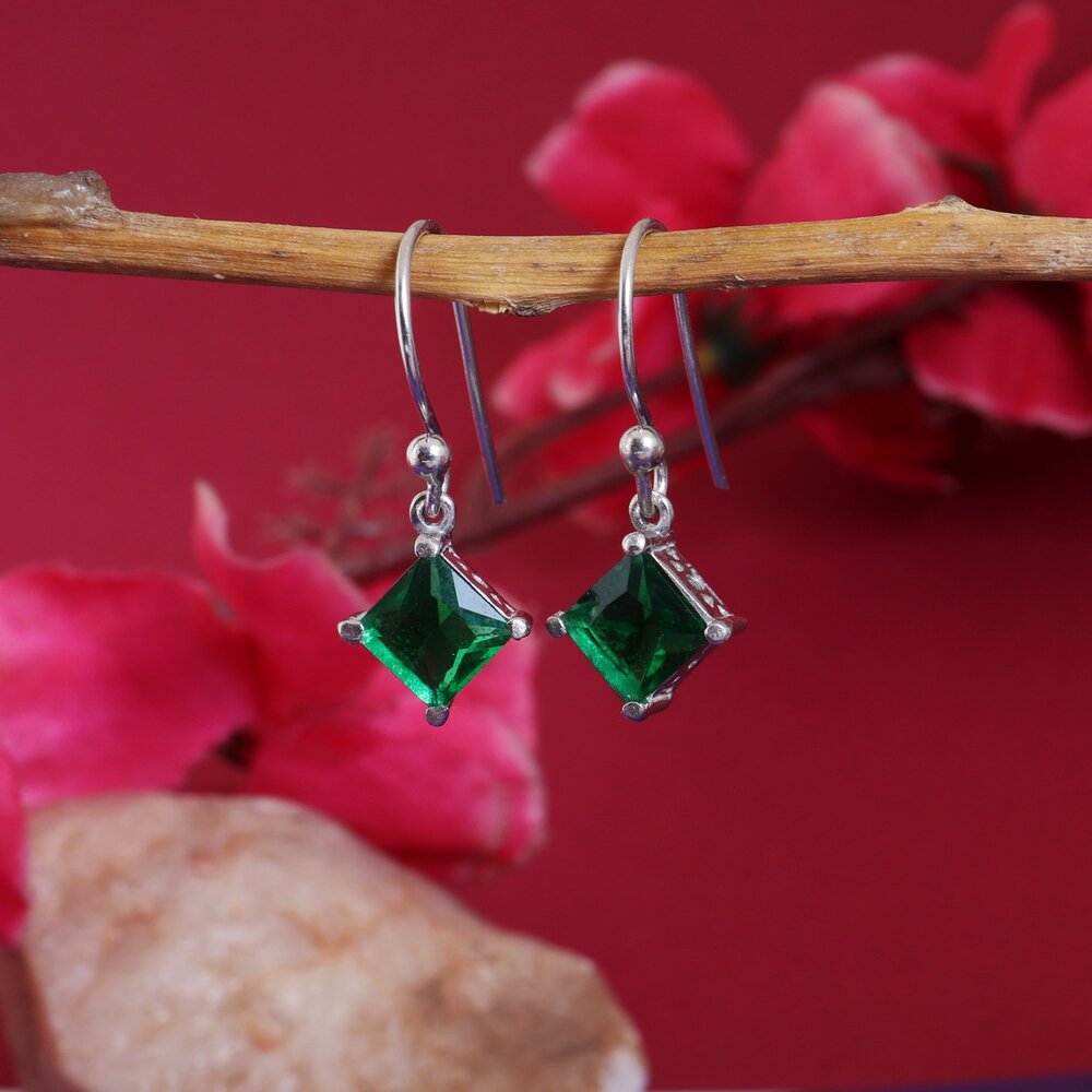 925 Silver Emerald Green Stone Earrings for Women | Gift