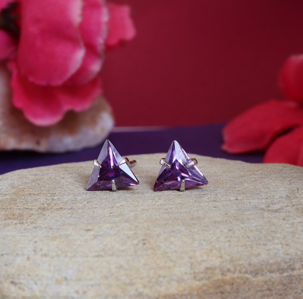 Silver Trillion Cut Amethyst Stud Earrings for Women