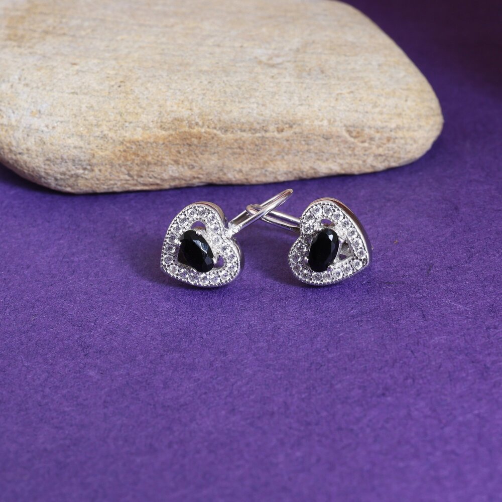 925 Silver Heart Stud Earrings with Black Gemstones | Women's Jewelry