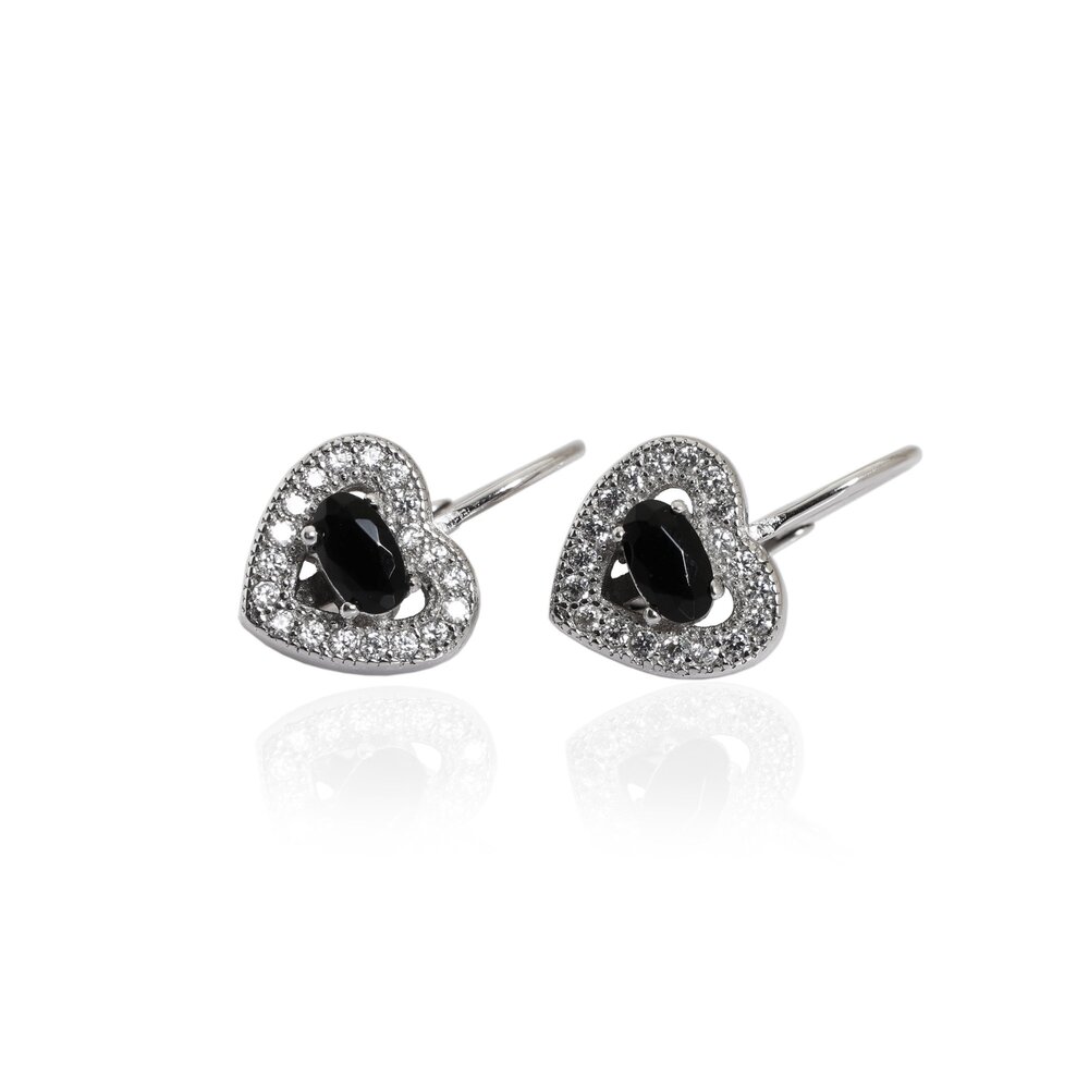 925 Silver Heart Stud Earrings with Black Gemstones | Women's Jewelry