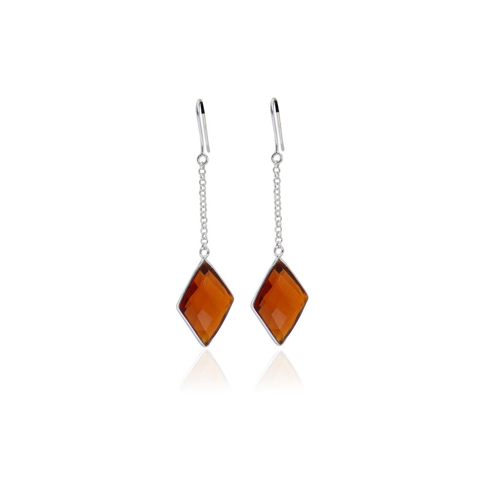 Silver Rhombus Drop Earrings with Amber Gemstone | Women's Jewelry