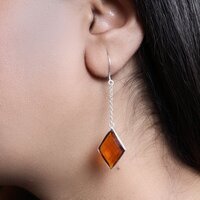 Silver Rhombus Drop Earrings with Amber Gemstone | Women's Jewelry