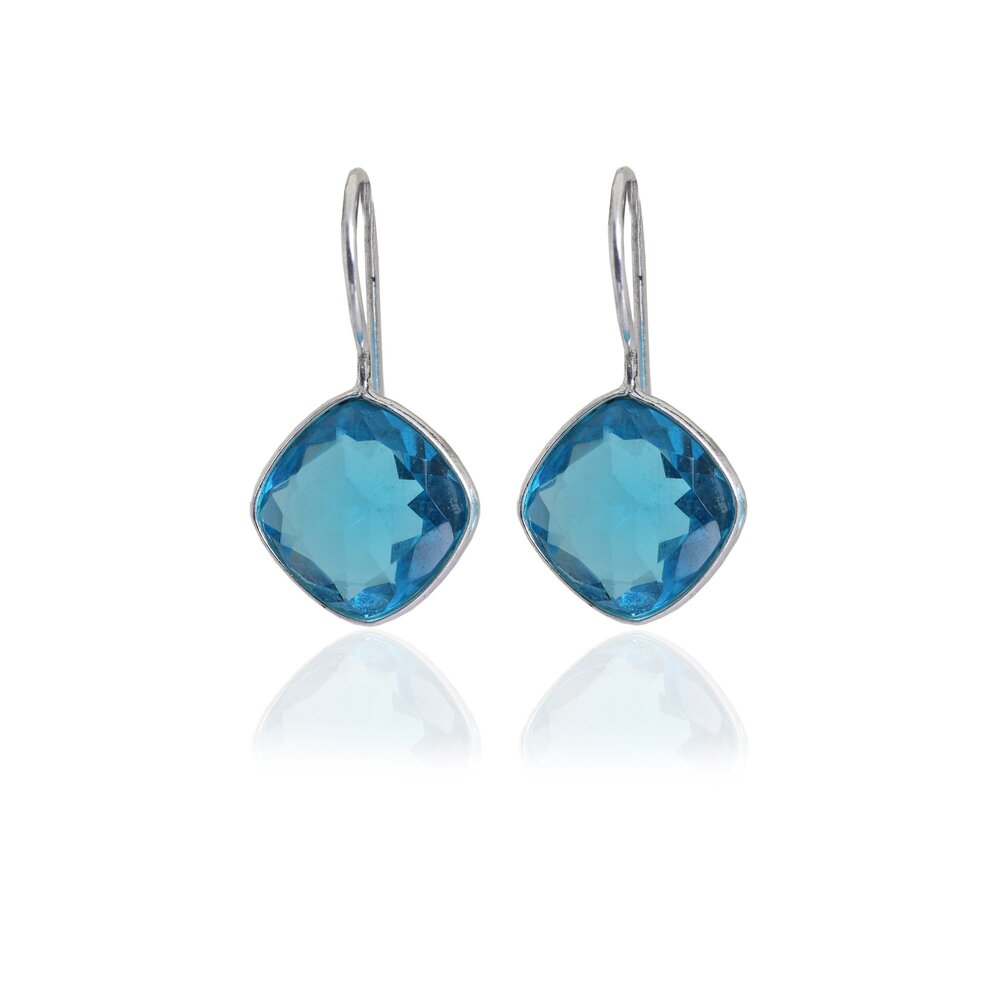 Silver Blue Topaz Cushion Cut Drop Earrings for Women