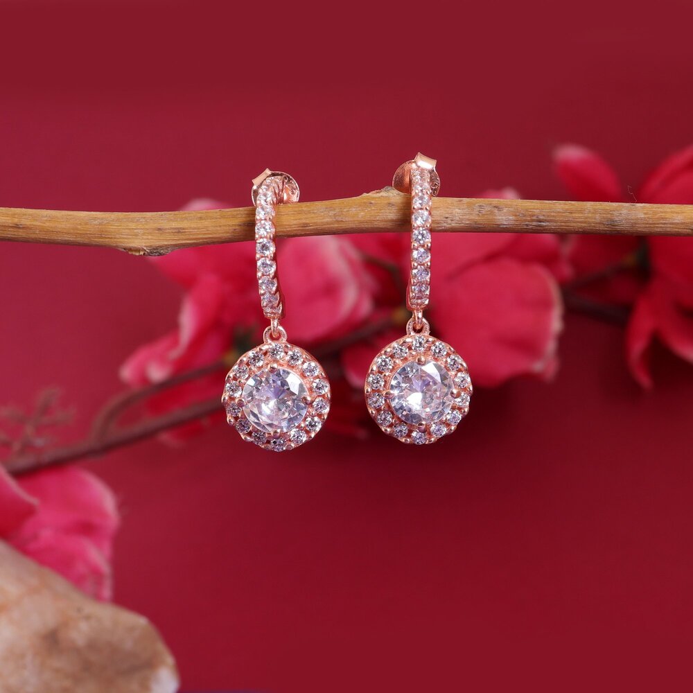 Rose gold plating Halo Drop Earrings with Cubic Zirconia | For Women