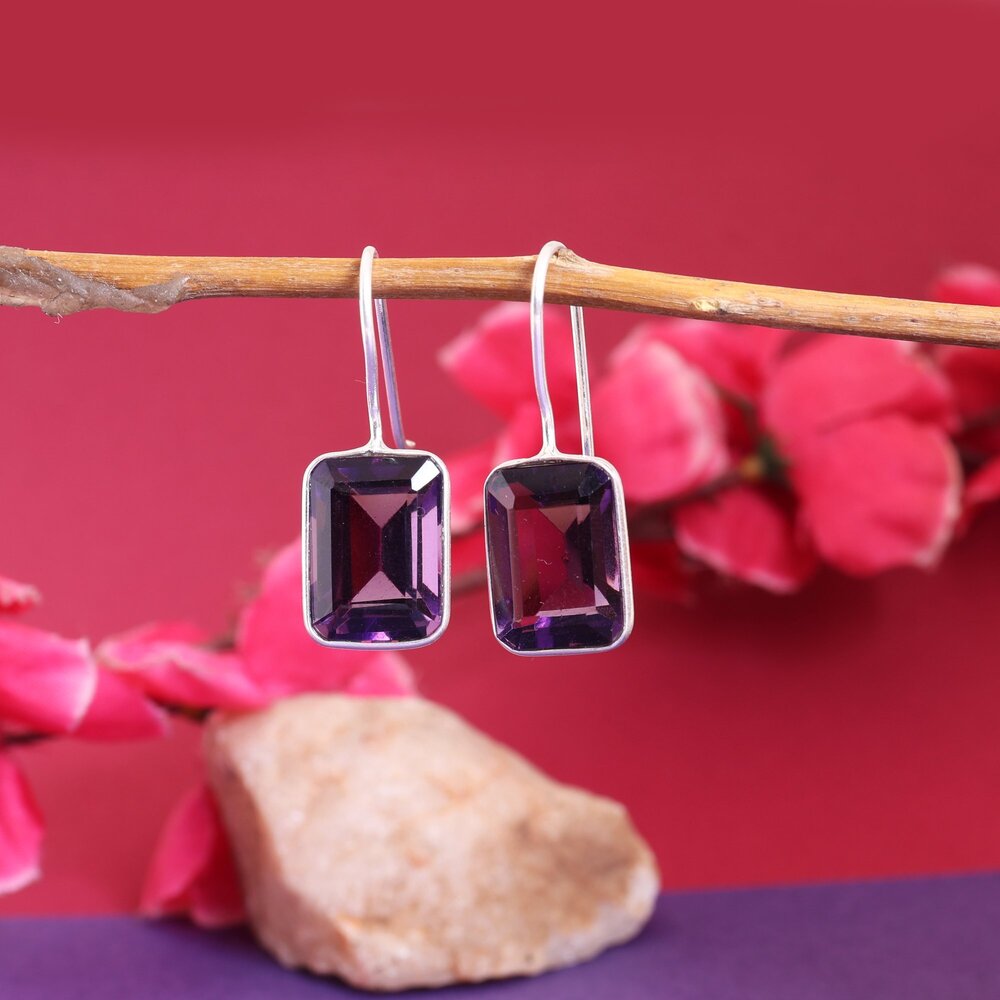 Silver Amethyst Drop Earrings for Women | Purple Gemstone Jewelry