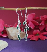 925 Silver Green Leaf Drop Earrings - 4.5cm, Green Enamel, Rhodium Plated, Hypoallergenic Fish Hook