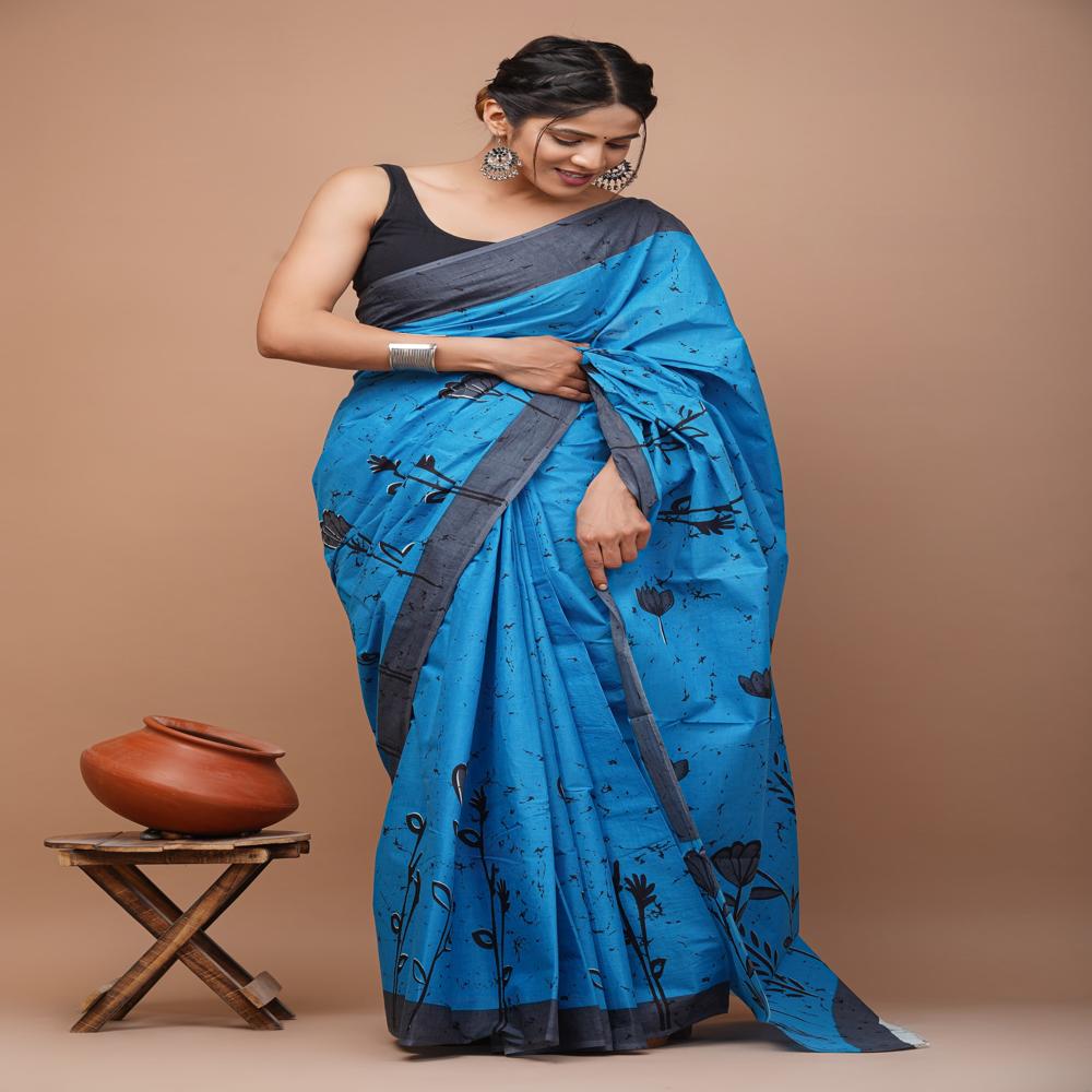 Handmade Block Print Saree - Application: Cotton