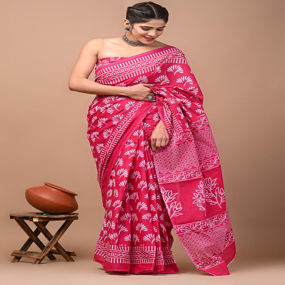 Handmade Block Print Saree - Application: Cotton