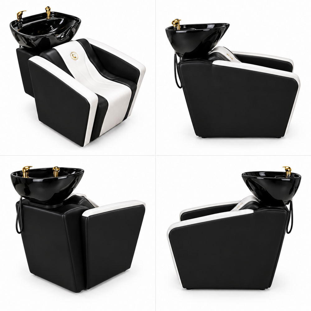 SCF 203 Hair Wash Chair - Stainless Steel Frame, 120x58x95 cm, Black | Ceramic Basin, Manual Recline, Waterproof Leatherette Upholstery