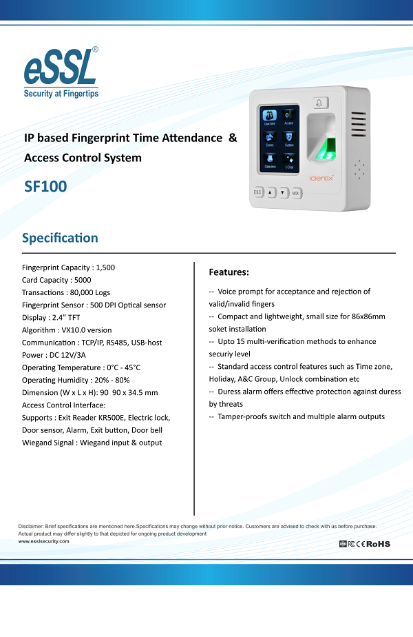 Sf100 Time Attendance & Access Control System - Accuracy: 99.9% %