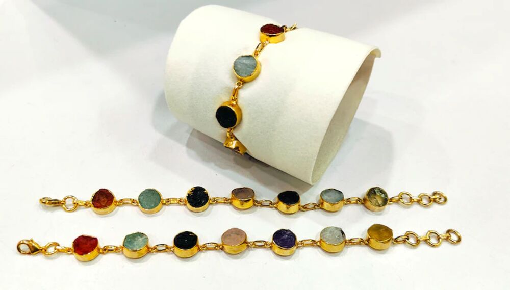 Handmade Gemstone Bracelet Multi Color Round 8mm Stones with Link Chain Gold Plated 7inches