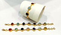 Handmade Gemstone Bracelet Multi Color Round 8mm Stones With Link Chain Gold Plated 7inches - Grade: Aaa