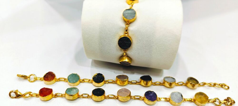 Handmade Gemstone Bracelet Multi Color Round 8mm Stones with Link Chain Gold Plated 7inches