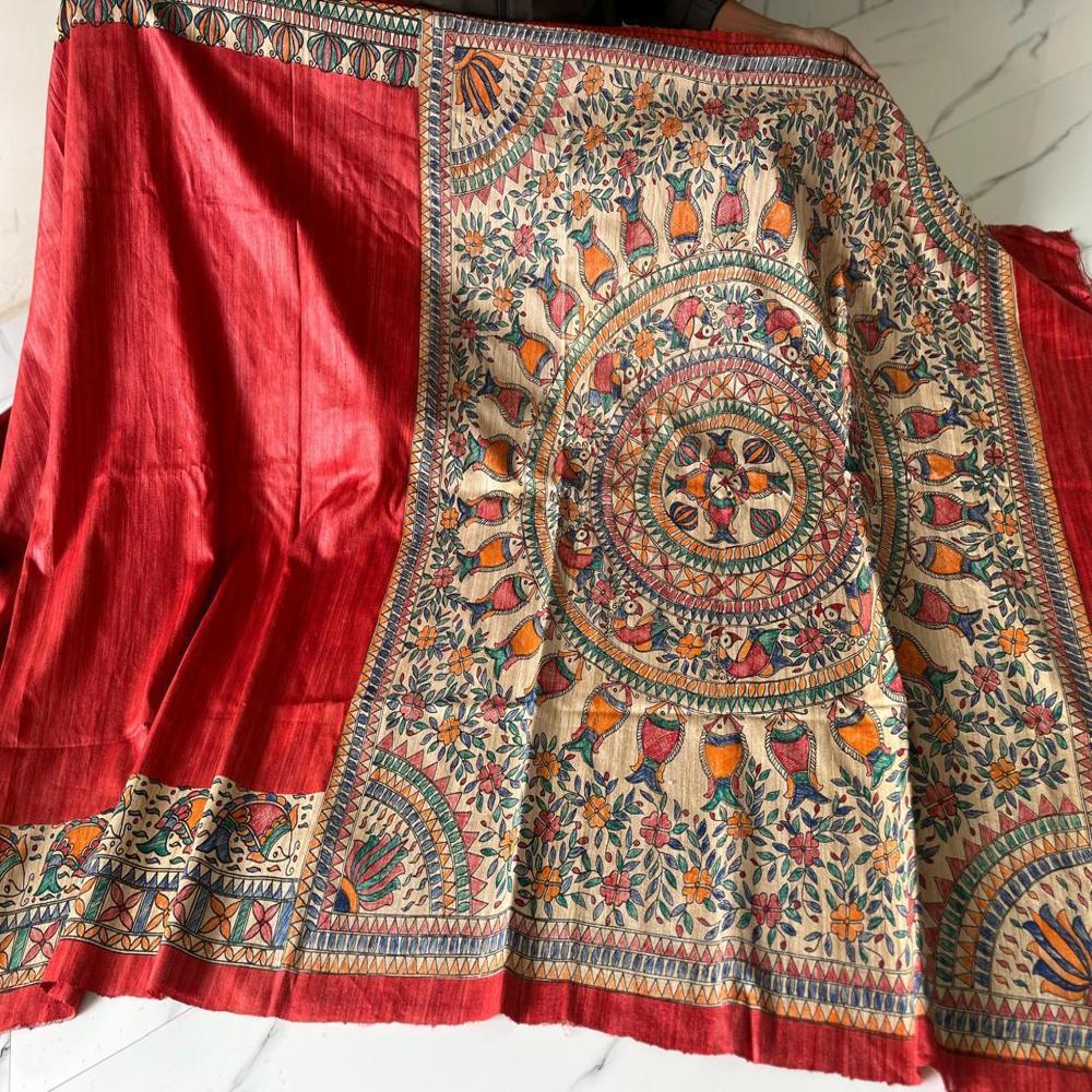 pure tusser ghicha madhubani handprint silk saree