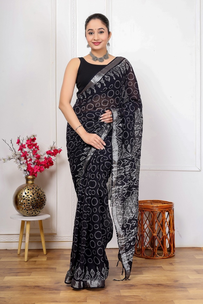 Cotton Linen Saree - Color: Black