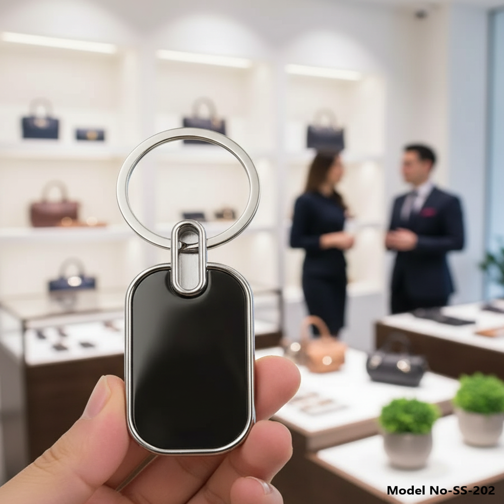 Premium Rectangular Metal Keychain with Glossy Black Inlay (SS-202)