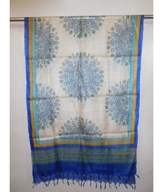 White & Blue Tussar Ghicha Block Printed Dupatta