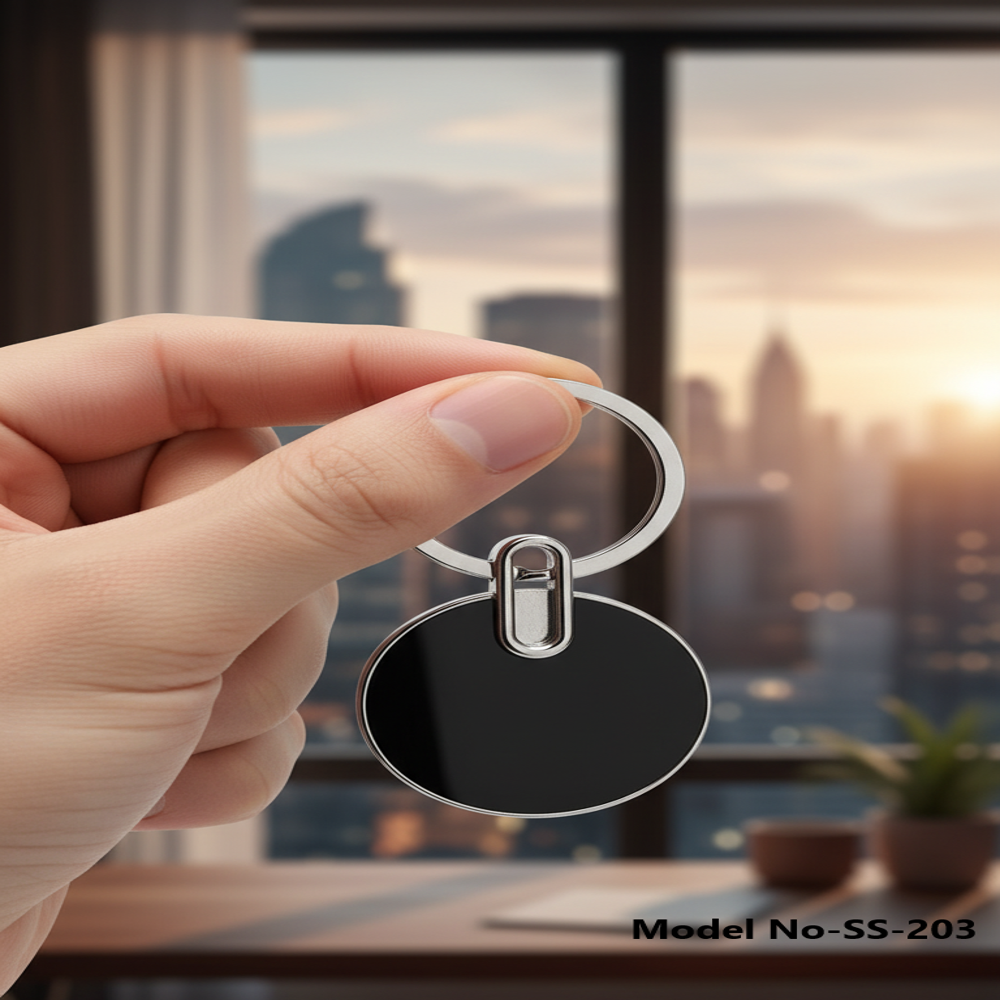 Premium Circular Metal Keychain with Glossy Black Inlay (SS-203)