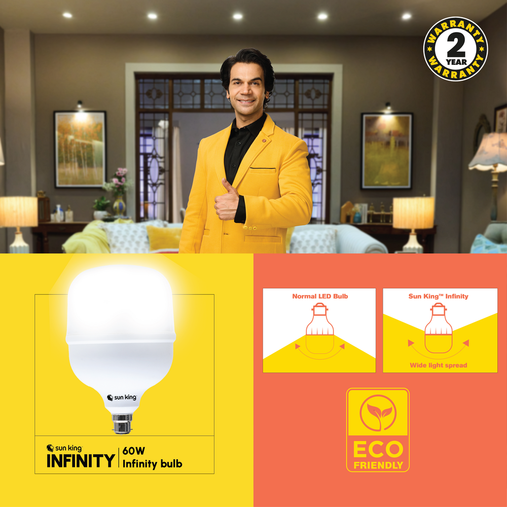 SUN KING Infinity Warranty Plus Hybrid Technology With Wider Coverage 60W LED White Bulb