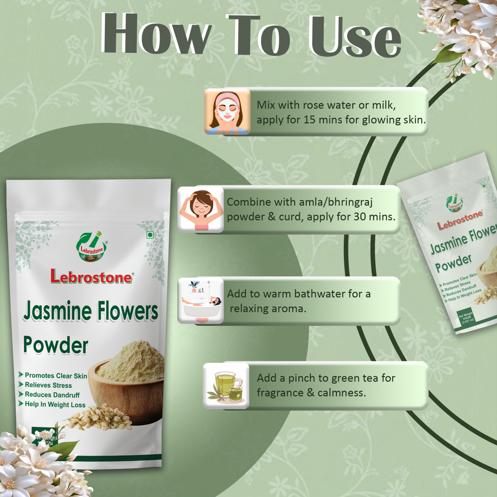 Lebrostone Jasmine Flowers Powder | Natural Herbal Powder for Skin Glow, Stress Relief, Calmness & Relaxation|100g