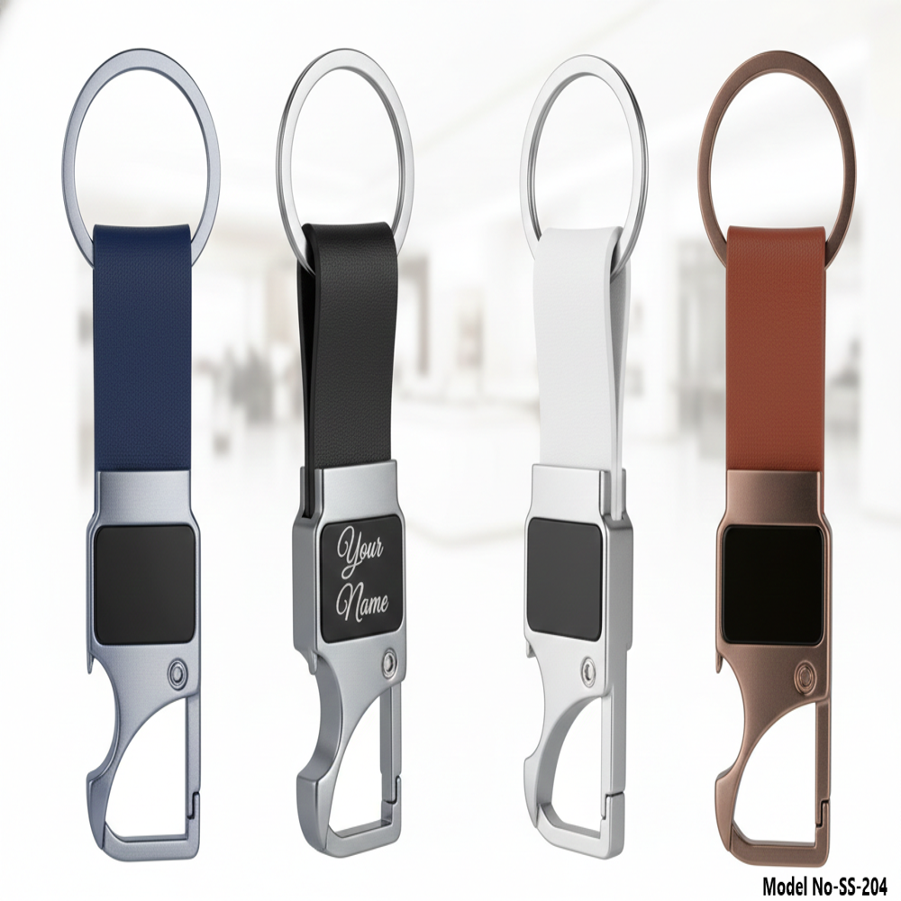 Multi-Functional Metal Keychain with Integrated Bottle Opener and Leatherette Strap (SS-204)