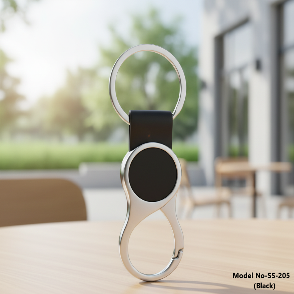 Premium Carabiner Metal Keychain with Circular Inlay and Leatherette Strap (SS-205)