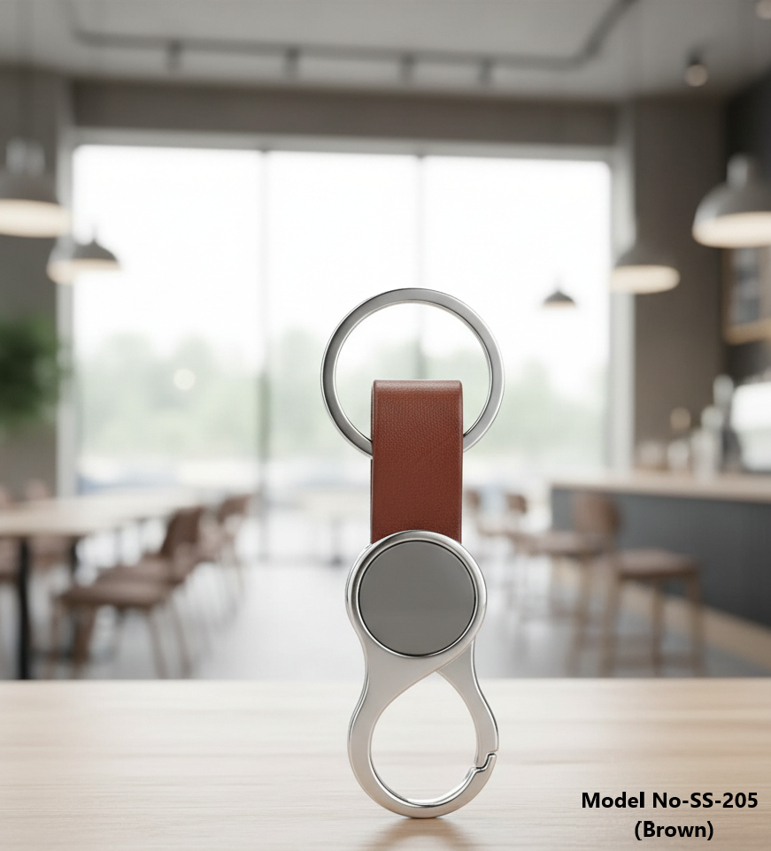 Premium Carabiner Metal Keychain with Circular Inlay and Leatherette Strap (SS-205)