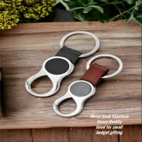 Premium Carabiner Metal Keychain with Circular Inlay and Leatherette Strap (SS-205)