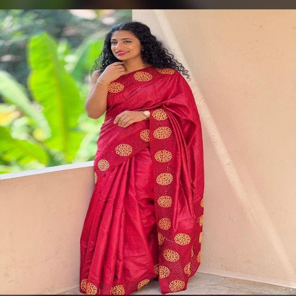 pure tusser hand cutwork silk saree