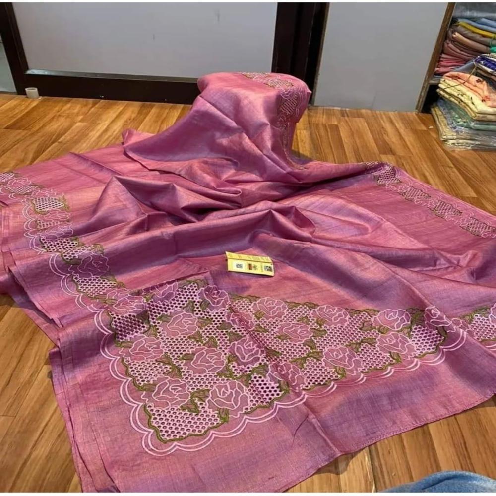 pure tusser hand cutwork silk saree