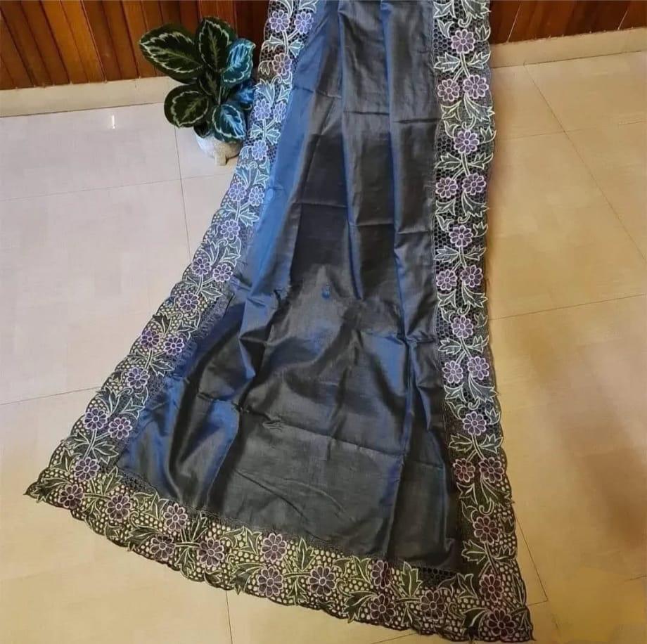 pure tusser hand cutwork silk saree