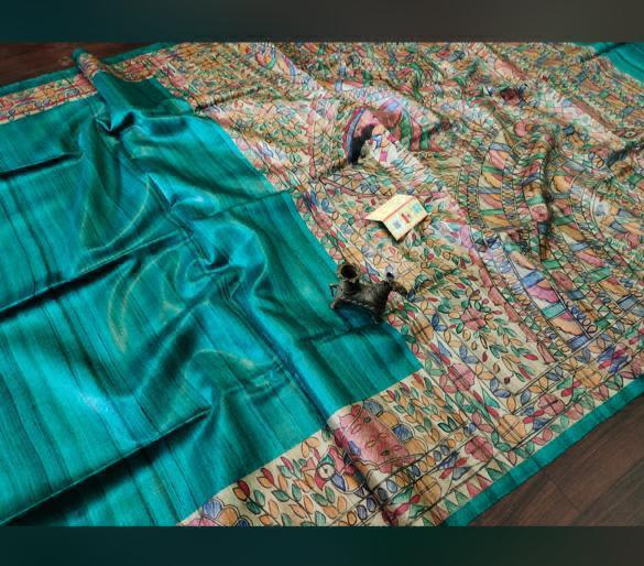 pure tusser ghicha madhubani handprint silk saree
