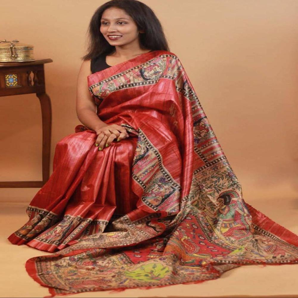 pure tusser ghicha madhubani handprint silk saree