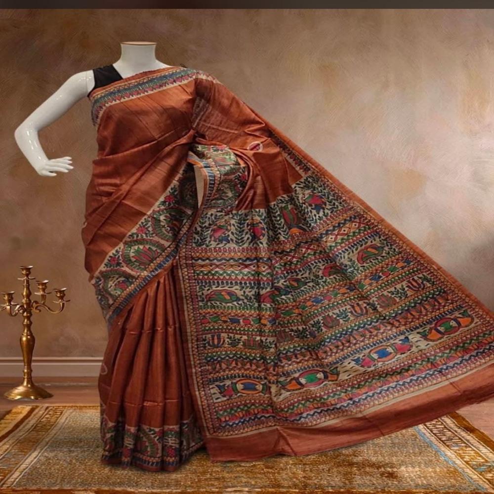 pure tusser ghicha madhubani handprint silk saree