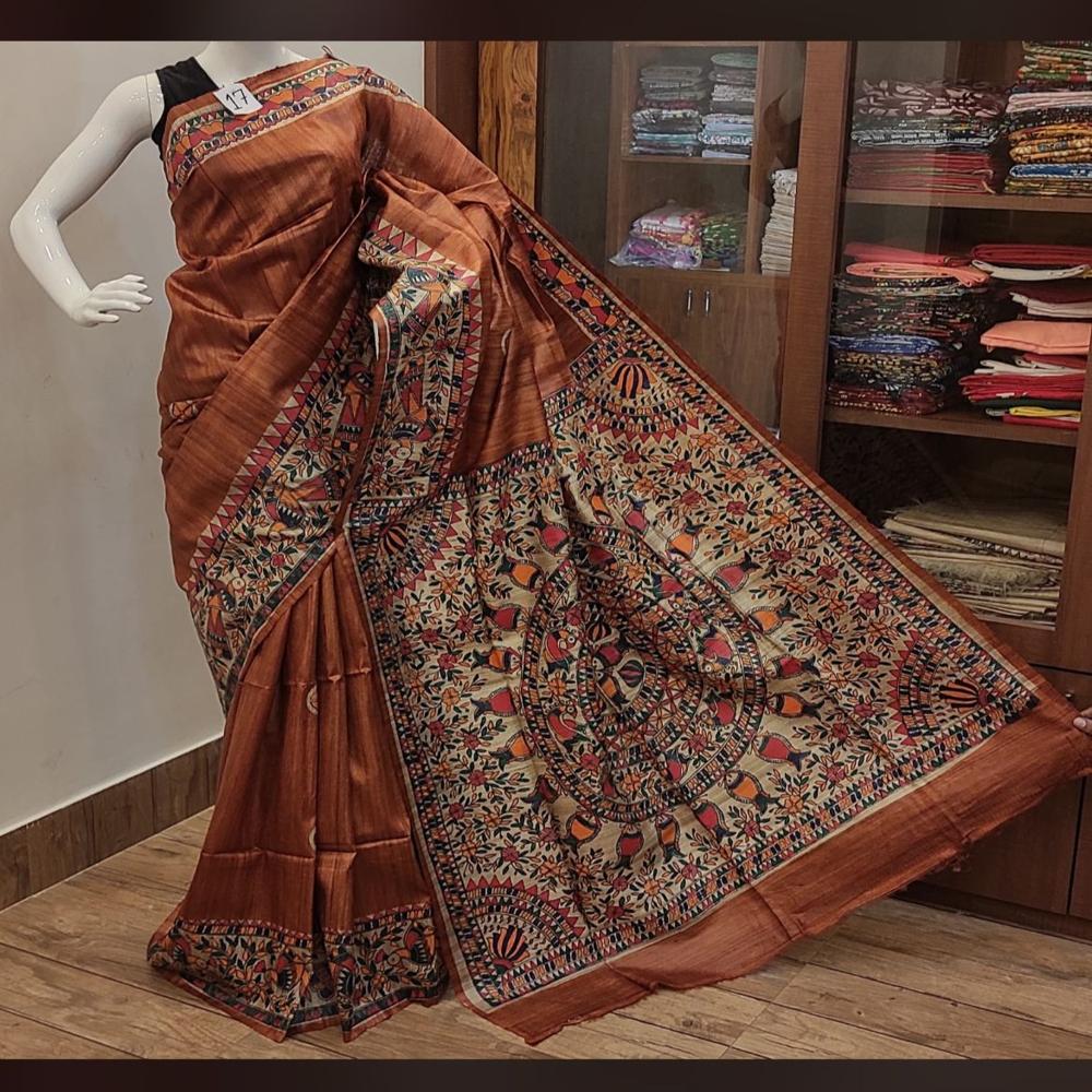 pure tusser ghicha madhubani handprint silk saree