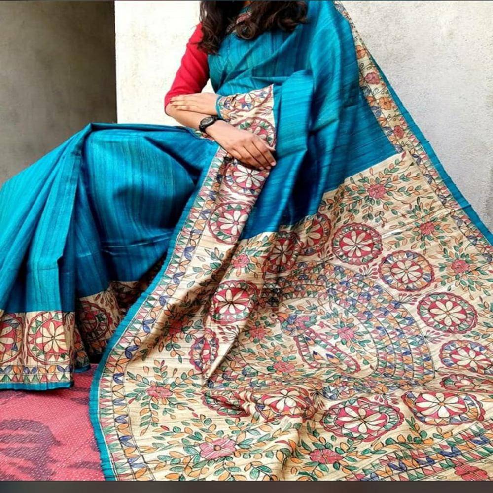 pure tusser ghicha madhubani handprint silk saree