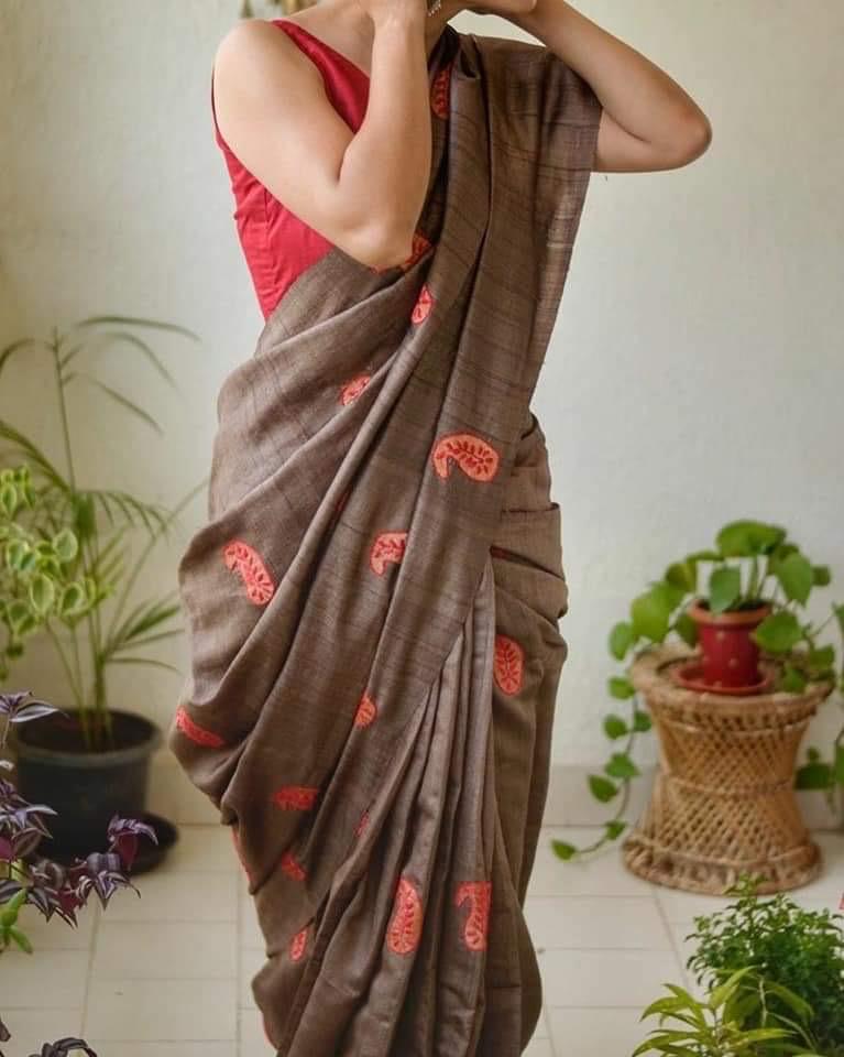 pure tusser ghicha silk embrodery work saree