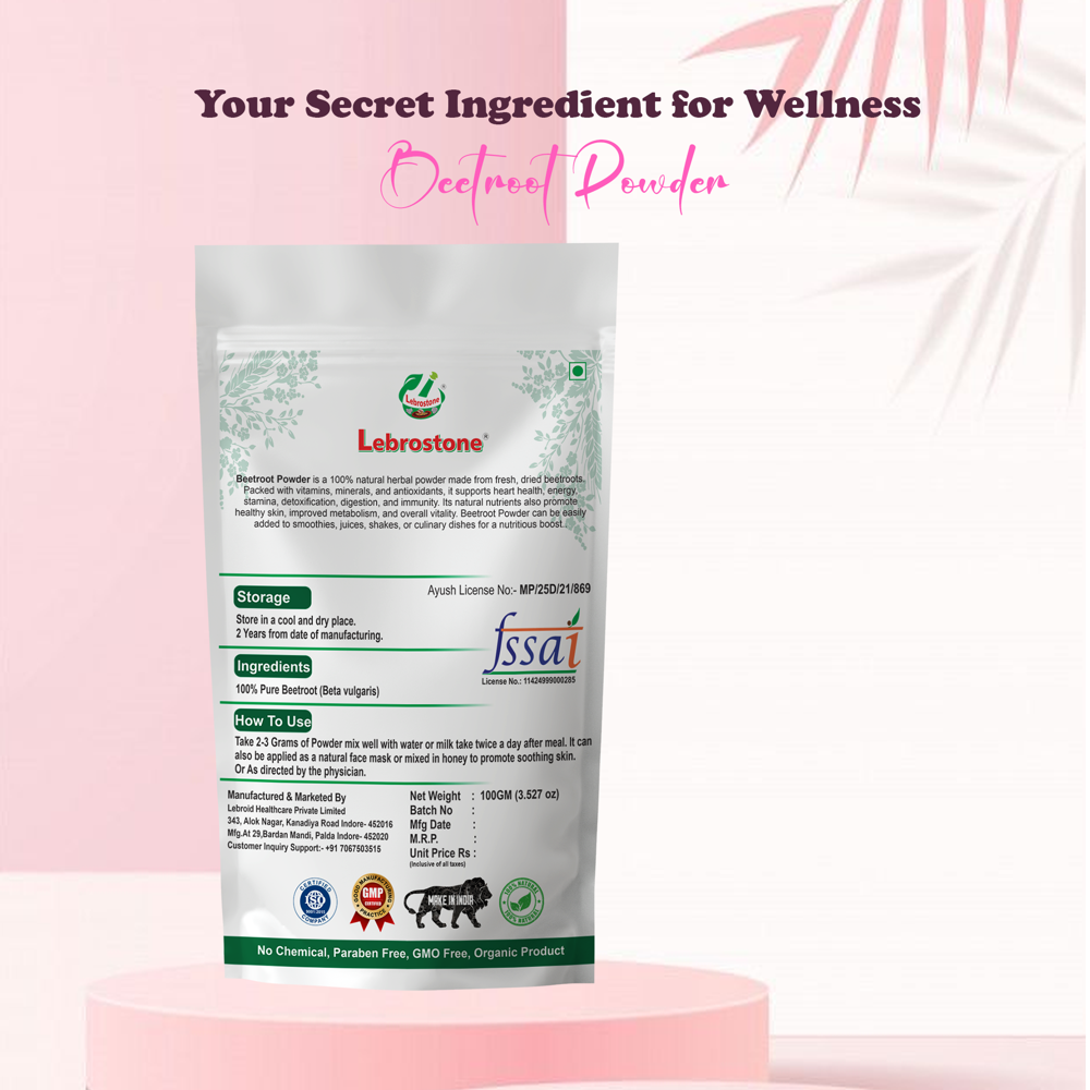 Lebrostone Beet Roots Powder | Herbal Powder for Heart Health, Skin Wellness, Blood Pressure & Stamina|100g