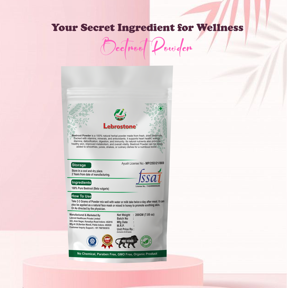 Lebrostone Beet Roots Powder | Herbal Powder for Heart Health, Skin Wellness, Blood Pressure & Stamina|200g