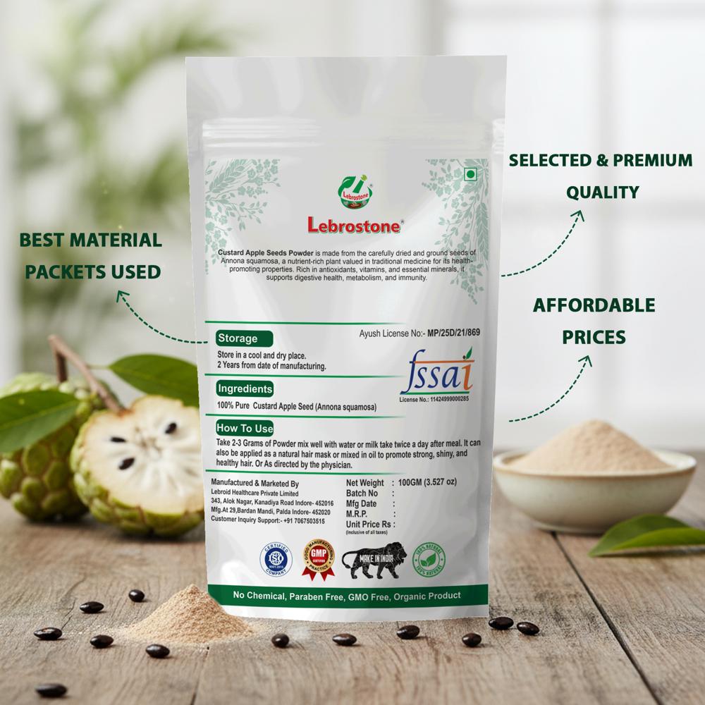 Lebrostone Custard Apple Seeds Powder | Hair Care, Digestive & Skin Health, Anti-Inflammatory Effects | 100g