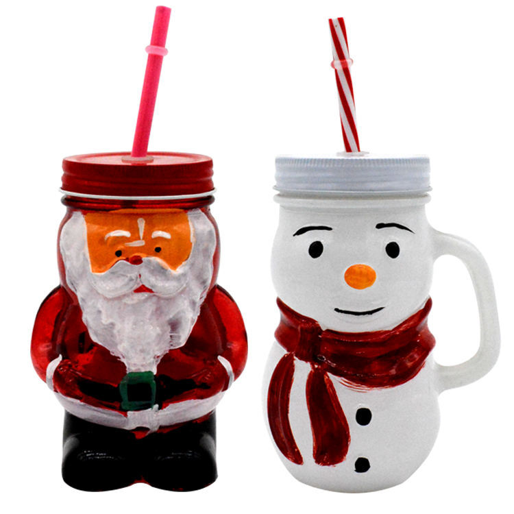 Glass Mason Cups in the Santa Claus Series with Lids and Straws - Soda Lime Glass 400-500ml, Transparent Multi-Color Print, Metal Screw-On Lid