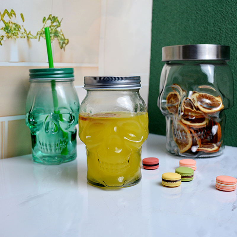 Skull Glass Jar with Lids Used for Beverage