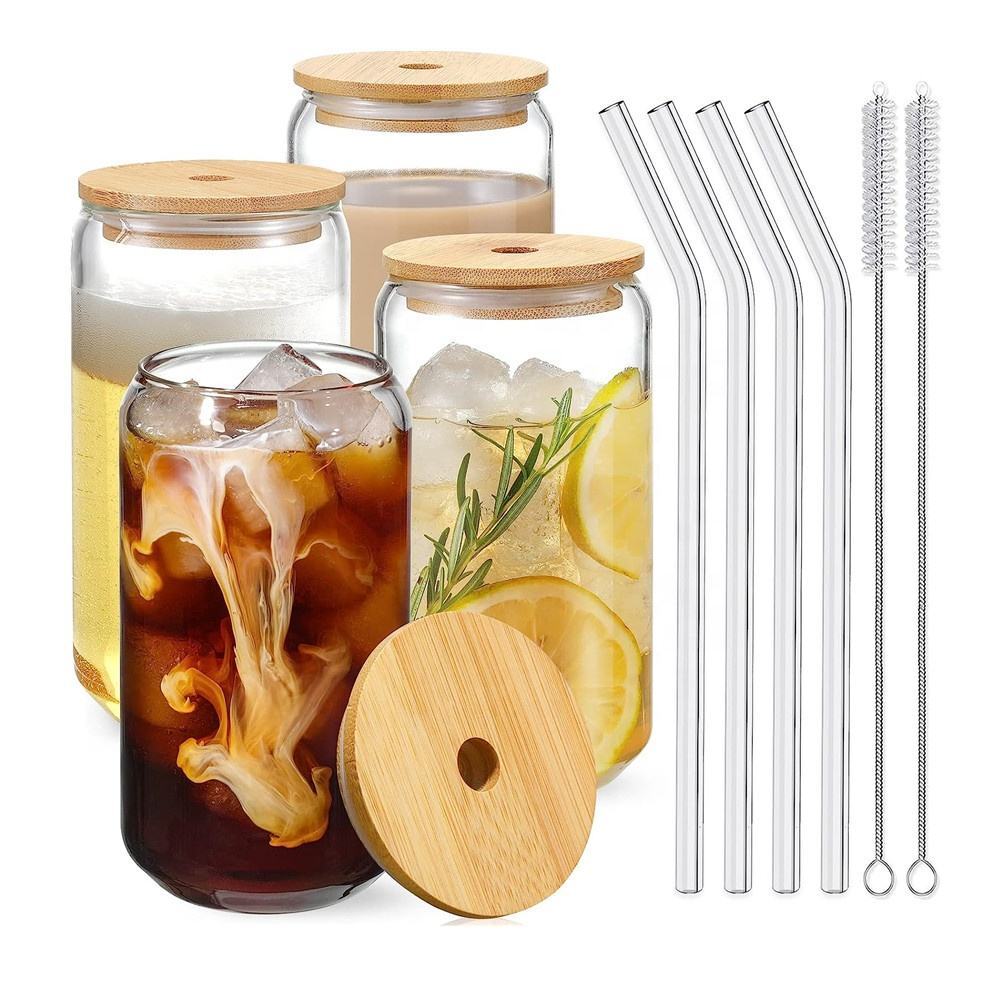 16oz Drinking Glasses with Bamboo Lids and Glass Straw 4pcs Set