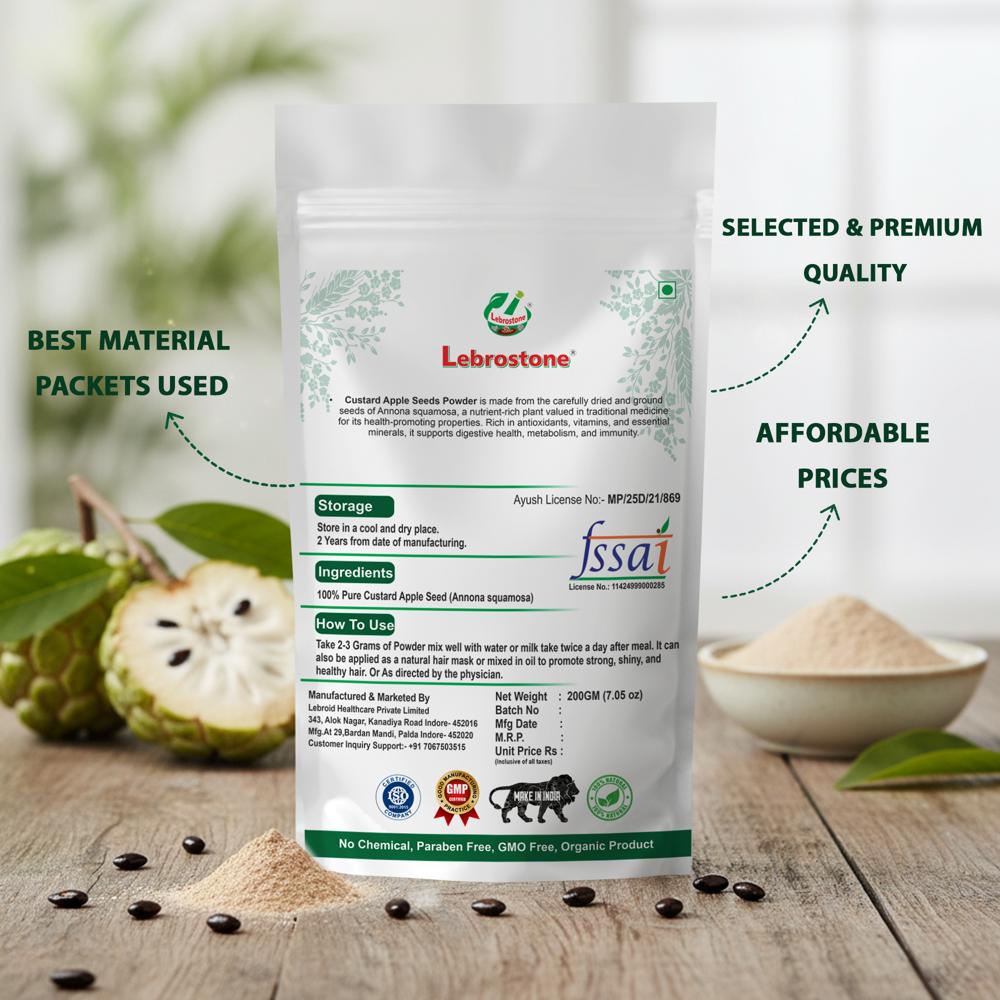 Lebrostone Custard Apple Seeds Powder | Hair Care, Digestive & Skin Health, Anti-Inflammatory Effects | 200g